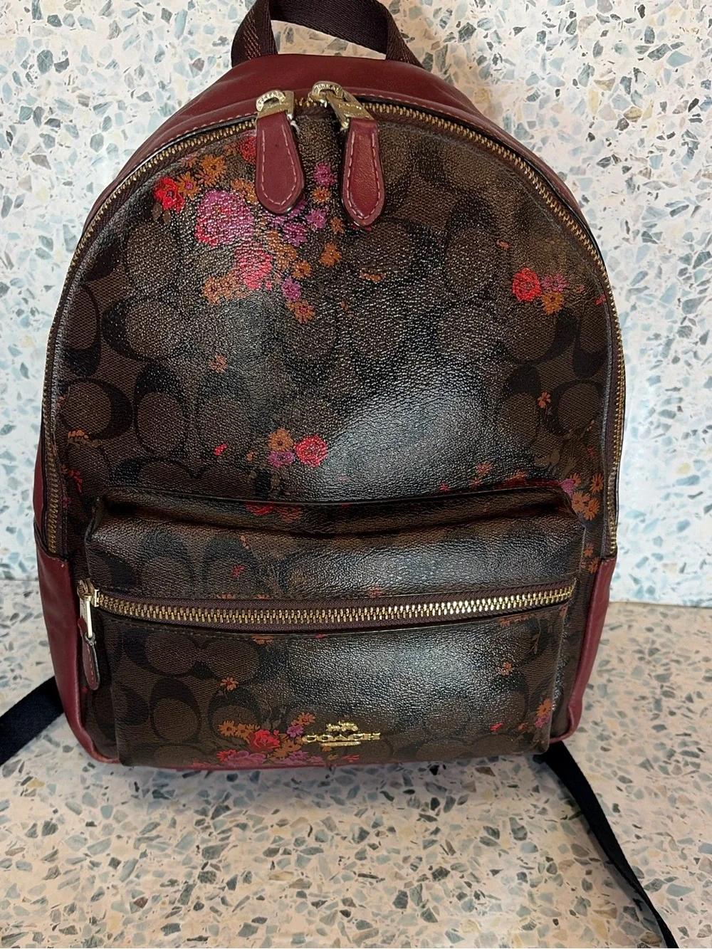 Coach F38049 Prairie Floral Signature Canvas Backpack Burgundy Leather - Picture 1 of 13